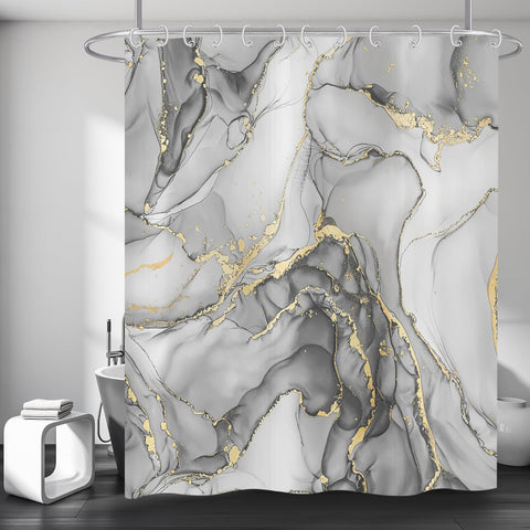 Hnmdmyi Marble Shower Curtain 90x180, Grey Gold Abstract Marble Bathroom Curtains Luxury Modern Aesthetic Art Ink Texture Waterproof Polyester Fabric