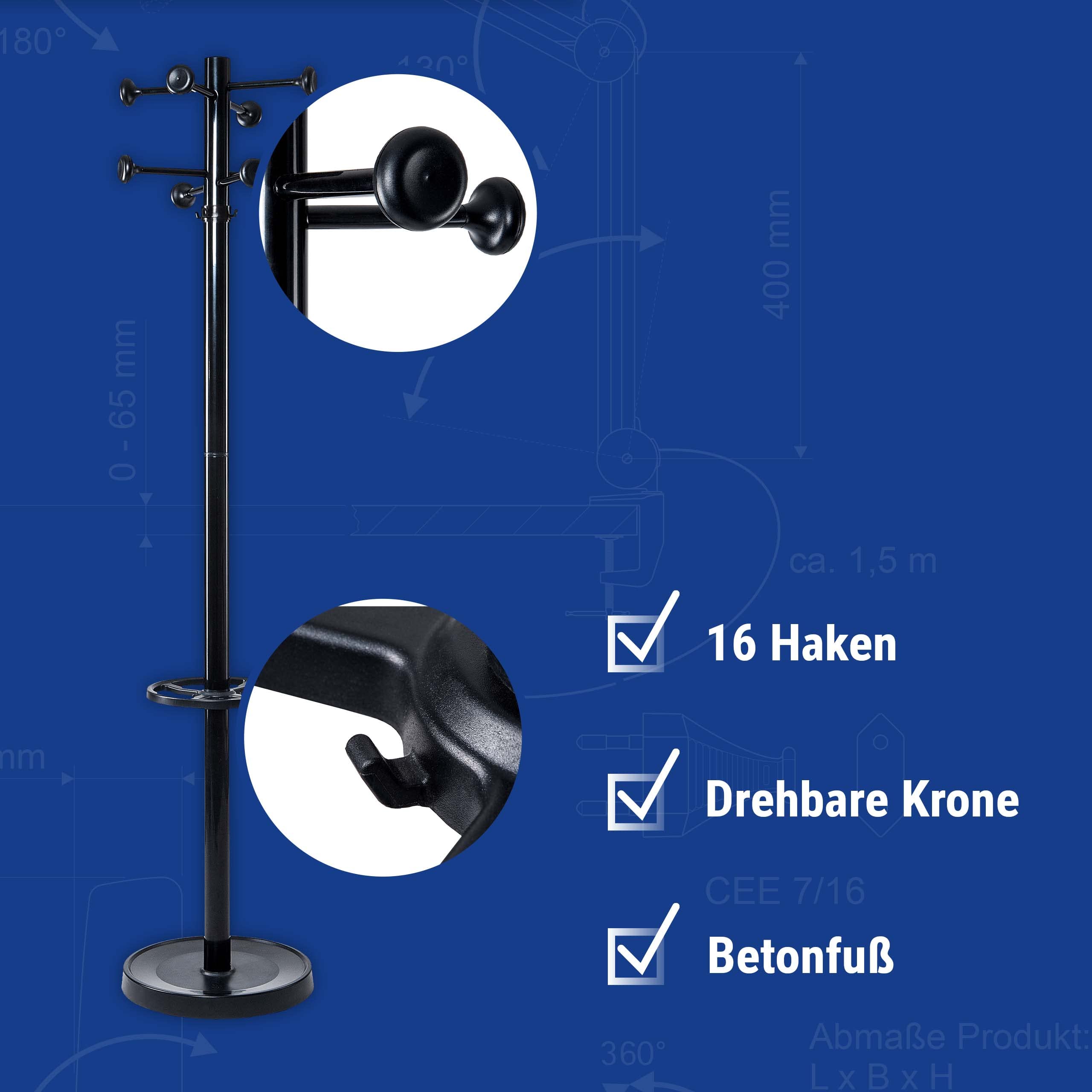 Maul Coat Stand Height 175 cm Free-Standing Rotating Clothes Stand with 16 Hooks Sturdy Steel Black Gloss
