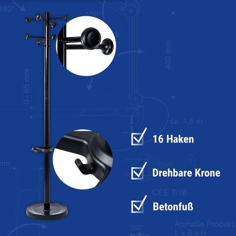 Maul Coat Stand Height 175 cm Free-Standing Rotating Clothes Stand with 16 Hooks Sturdy Steel Black Gloss