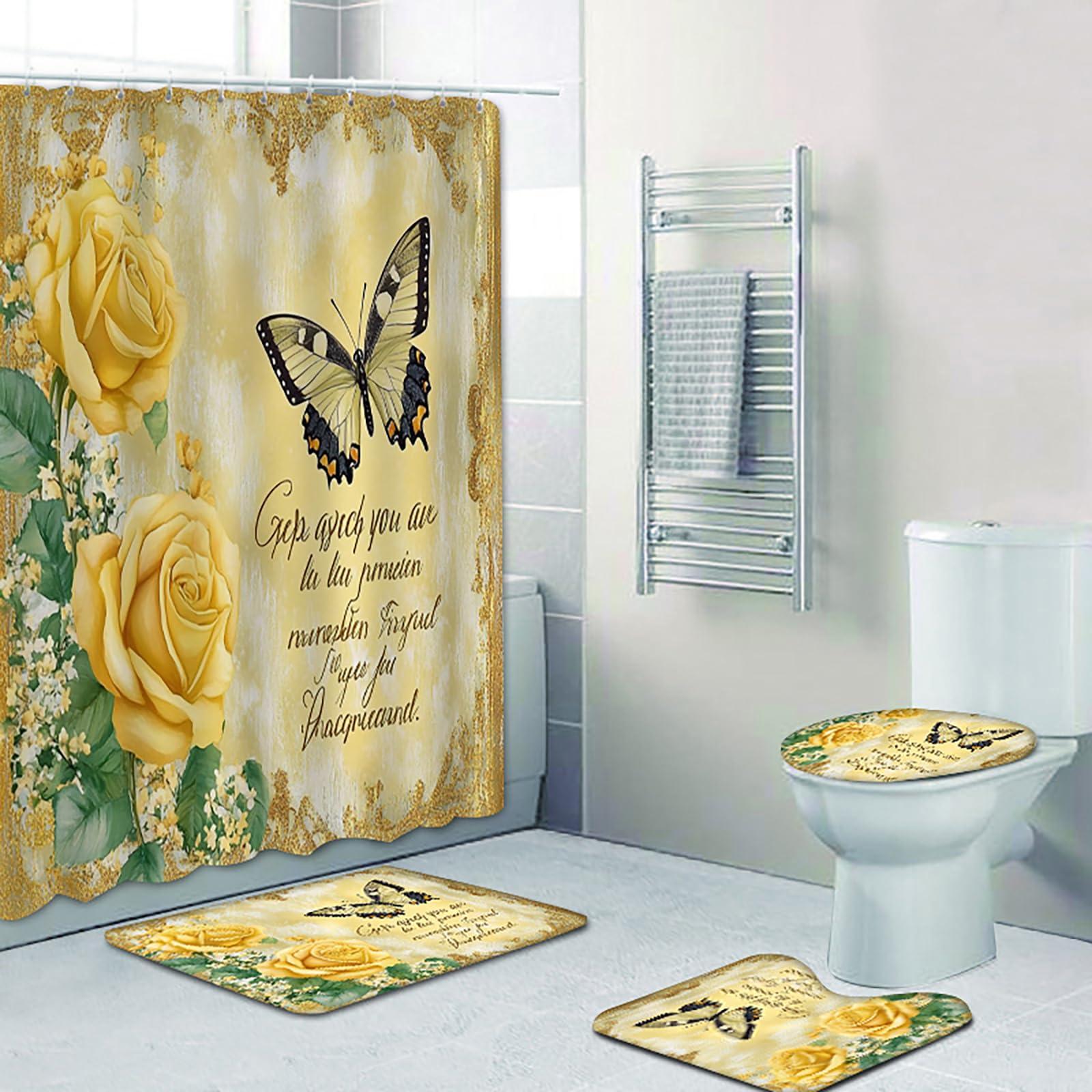 NEWSUYAA Flowers and Butterflies Shower Curtains with Rugs Bathroom Decorations Sets,4 Pcs Blue Floral Bathtub Curtain Elegant Bath Decor with Toilet