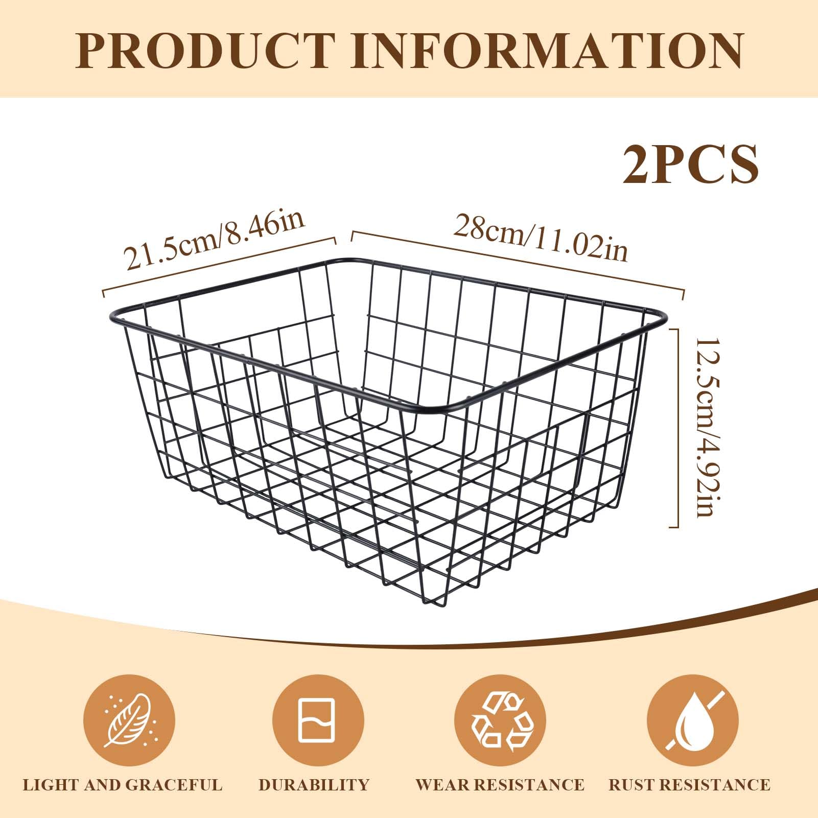 2 Metal Wire Storage Basket with Handles for Kitchen Cabinet Bedroom Bathroom Heavy Duty Rust Resistant Mesh Design Ideal for Organizing Household