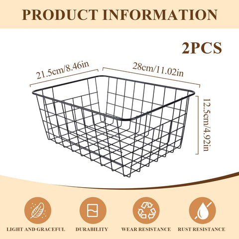 2 Metal Wire Storage Basket with Handles for Kitchen Cabinet Bedroom Bathroom Heavy Duty Rust Resistant Mesh Design Ideal for Organizing Household