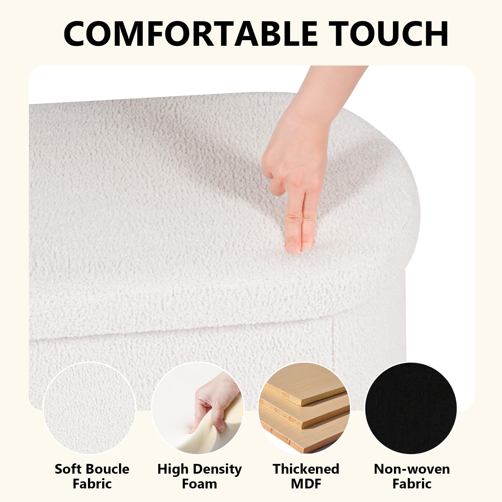 PINPLUS Oval Storage Bench Folding Ottoman Boucle Cream White, 76x38x38 cm