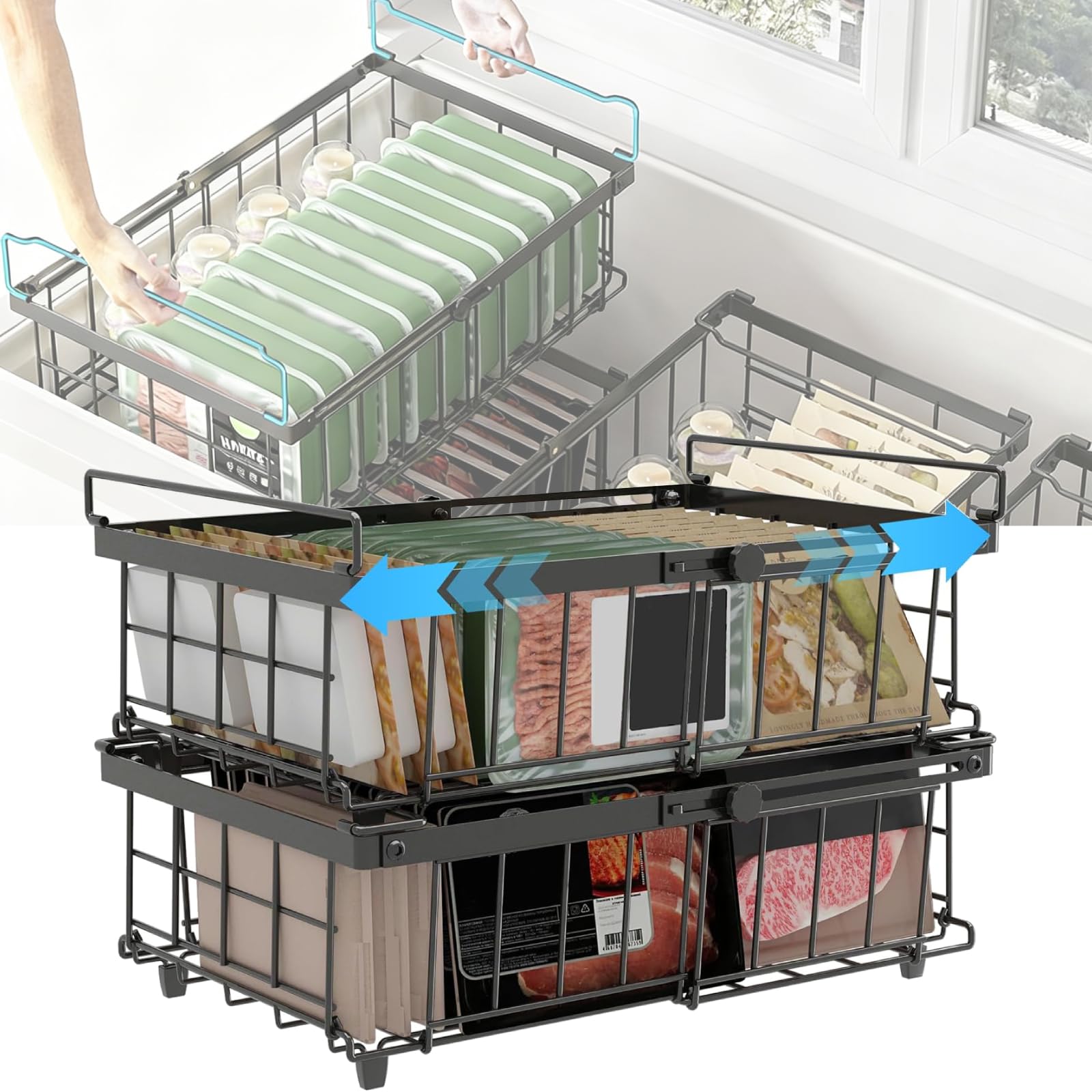 2 Pack Expandable Chest Freezer Baskets, Stackable Freezer Storage Baskets for 140L-570L Chest Freezers