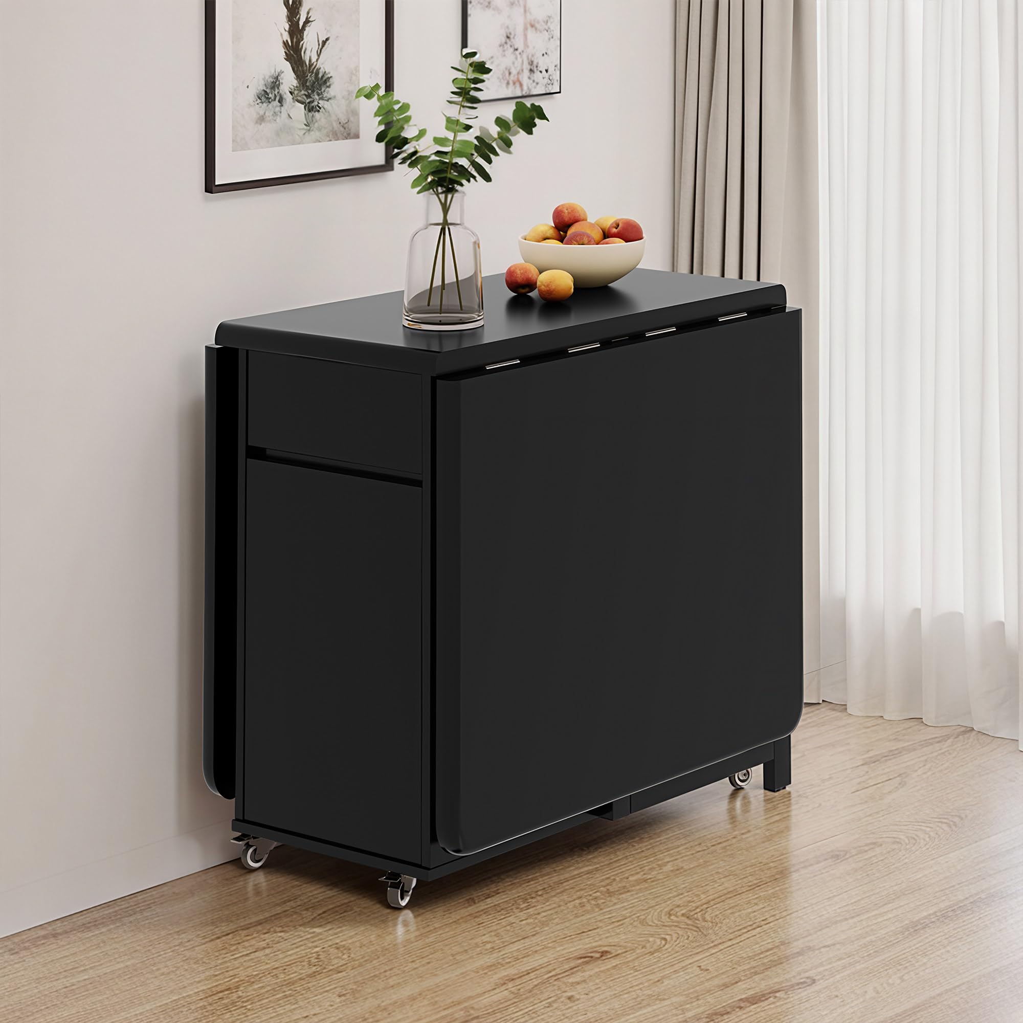 GildedGrove Solid Wood Folding Dining Table - Retro Black Finish with Wheels & Storage | Mobile Long Table for 4-6 People