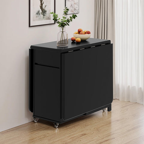GildedGrove Solid Wood Folding Dining Table - Retro Black Finish with Wheels & Storage | Mobile Long Table for 4-6 People