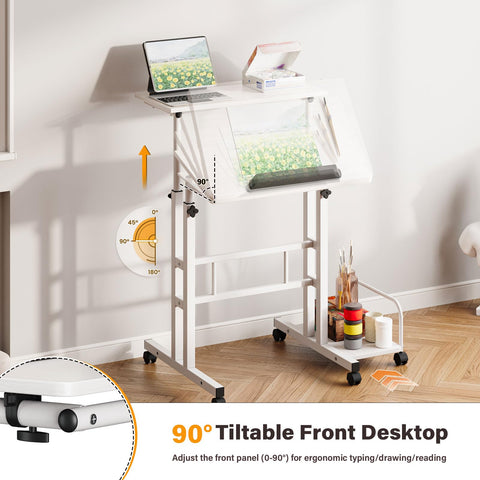 Dripex Standing Desk, Height Adjustable Rolling Desk with Tilting Table Top, Sit-Stand Workstation with Wheels, 60 x 60 cm, laptop Table