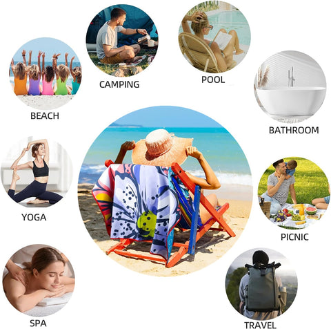 Large Microfibre Sand Free Beach Towel, 160x90cm Double Sided Striped, Lightweight Quick Dry Travel Swimming Towel with Bag