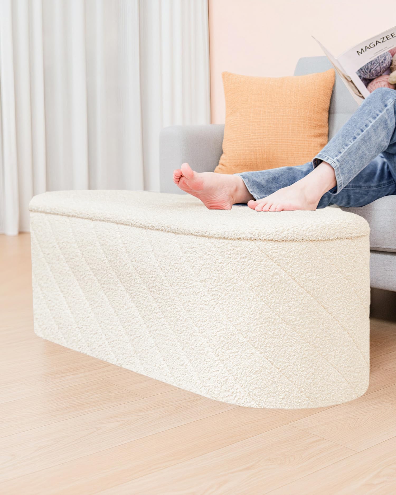 Bonlife Oval Ottoman with Storage Bench, Folding Foot Rest with Lid, Boucle End of Bed Bench,Foostool for Living