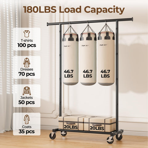 HYSEYY Heavy Duty Clothes Rail, Rolling Clothes Rack, Clothing Rail with Lockable Wheels & Shelf, Sturdy Clothing Rack for Bedroom, Laundry Room