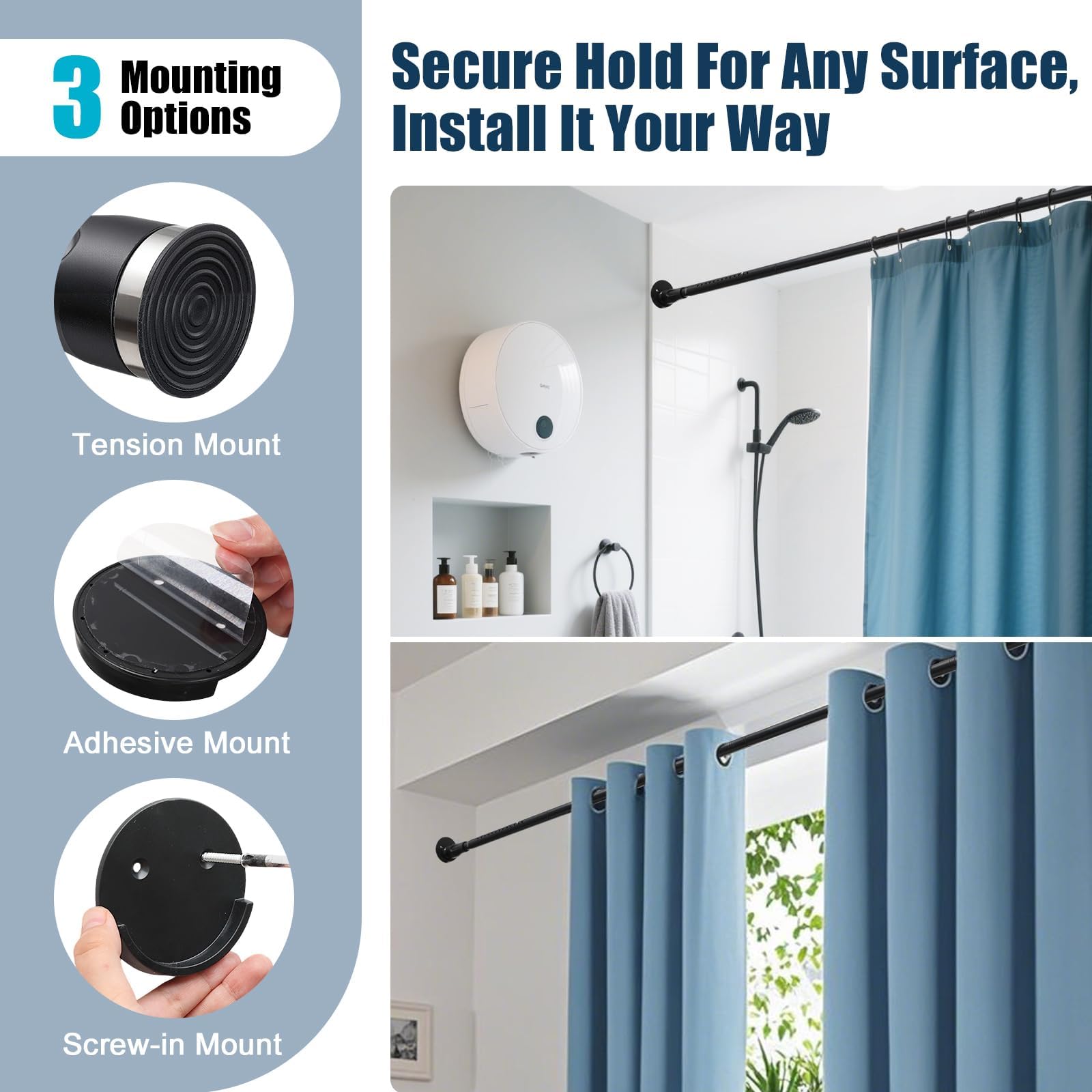 Sturdy Stainless Steel Shower Curtain Rail, Adjustable from 107 to 183 cm, 3-in-1 Installation without Drilling (Gluing, Screws or Clamps)