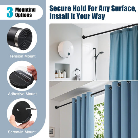 Sturdy Stainless Steel Shower Curtain Rail, Adjustable from 107 to 183 cm, 3-in-1 Installation without Drilling (Gluing, Screws or Clamps)