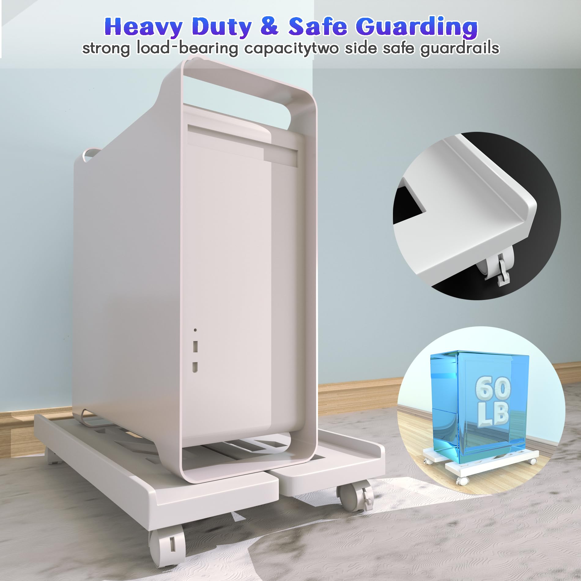 Qcdou Adjustable Mobile CPU Stand - Ventilated Tower Stand with 4 Caster Wheels, Fits Most PC, for Floor Carpet Gaming Case (White)