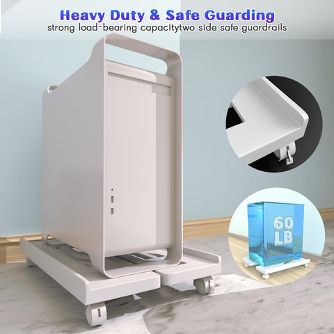Qcdou Adjustable Mobile CPU Stand - Ventilated Tower Stand with 4 Caster Wheels, Fits Most PC, for Floor Carpet Gaming Case (White)