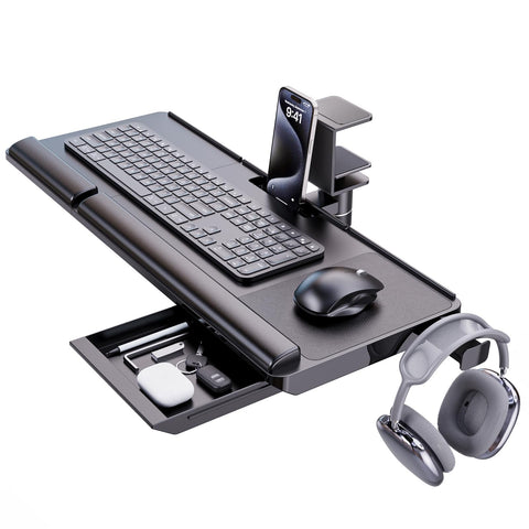 Tilt Adjustable Keyboard Tray Under Desk w/ 360° Rotation - Klearlook Ergonomic Rotatable Computer Keyboard & Mouse Tray 24.4"W×10"D Sit Stand Desk
