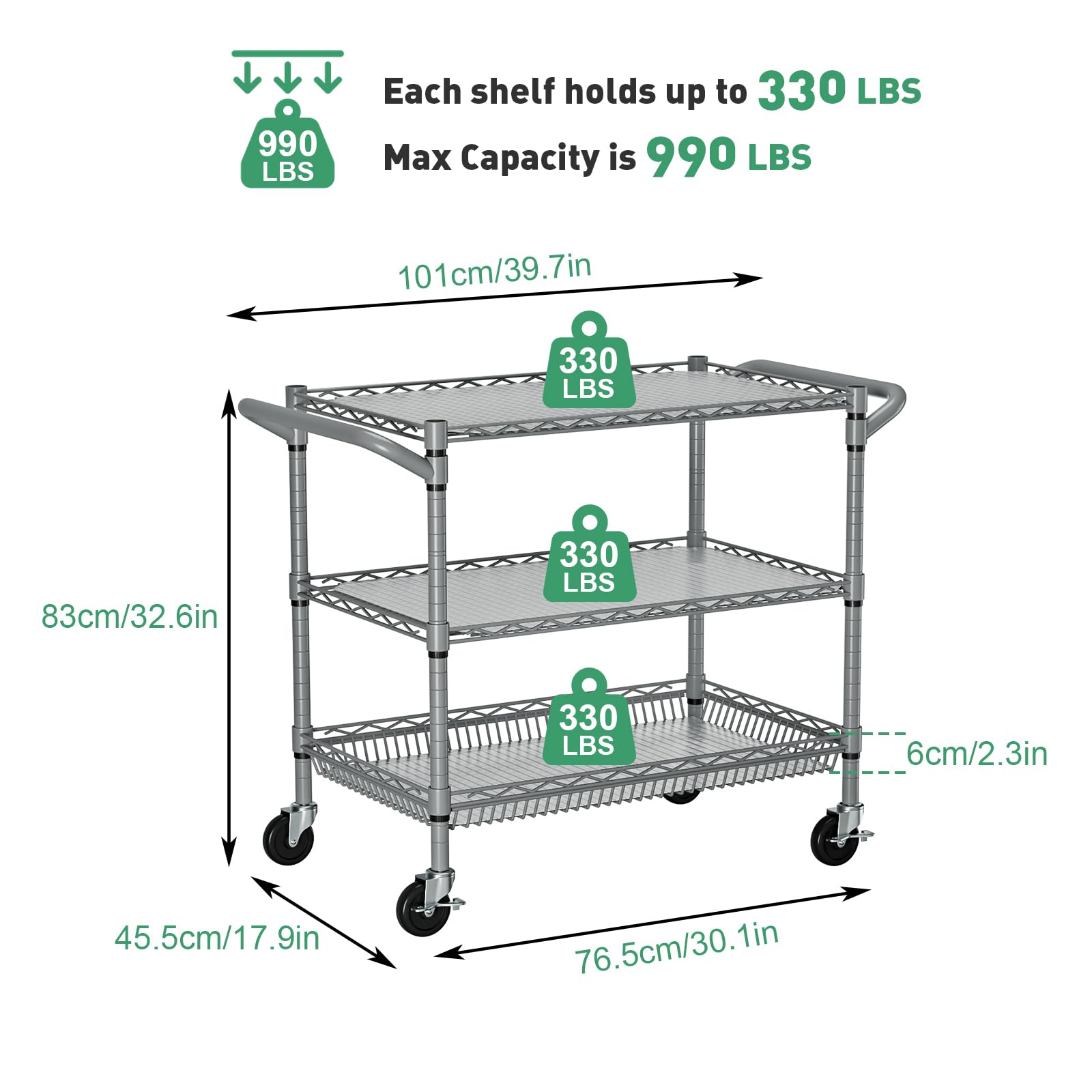 Forthcan 3-Tier Heavy Duty Shelving Unit, Storage Trolley on wheels, Silver