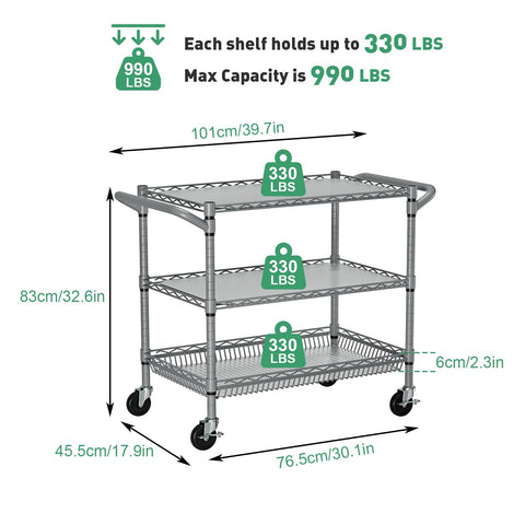 Forthcan 3-Tier Heavy Duty Shelving Unit, Storage Trolley on wheels, Silver