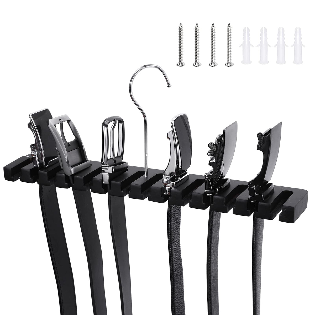 SUNTRADE 14-in-1 Wooden Wall Mount Belts & Tie Organizer with Swivel Hook, Display for Closet, Door, Wall (Black)