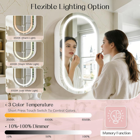 Janboe Oval Mirror Cabinet with Light,LED Mirror Cabinet,USB Shaver Socket,Internal Light,Steel with Powder Coating,Soft Closing Hinge,51cm×81cm,White
