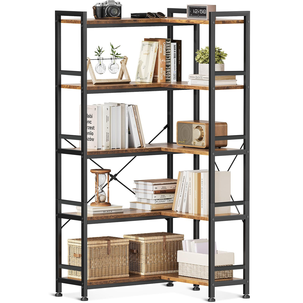 Coleshome 5-Tier L-Shape Corner Bookcase, 145.5cm, Brown