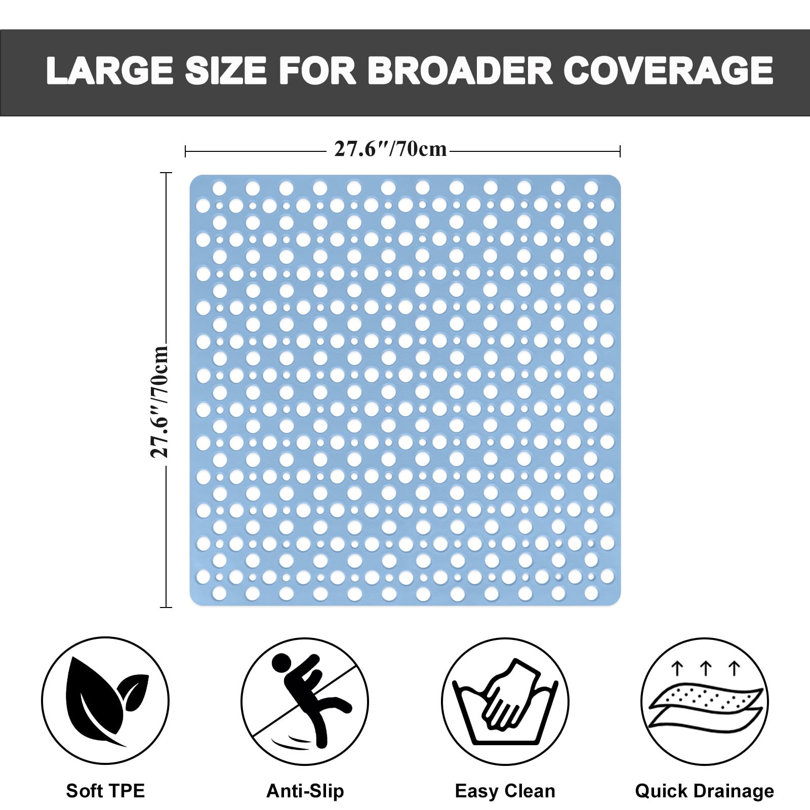 Square Shower Mat 70x70 cm, Non Slip Shower Mat, Soft TPE Large Shower Mats for Inside Shower, Bath Mat with Suction Cups & Drain Holes