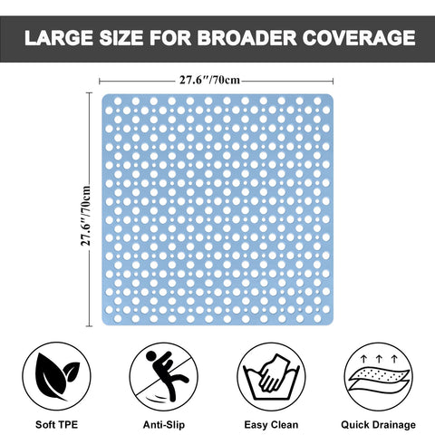Square Shower Mat 70x70 cm, Non Slip Shower Mat, Soft TPE Large Shower Mats for Inside Shower, Bath Mat with Suction Cups & Drain Holes