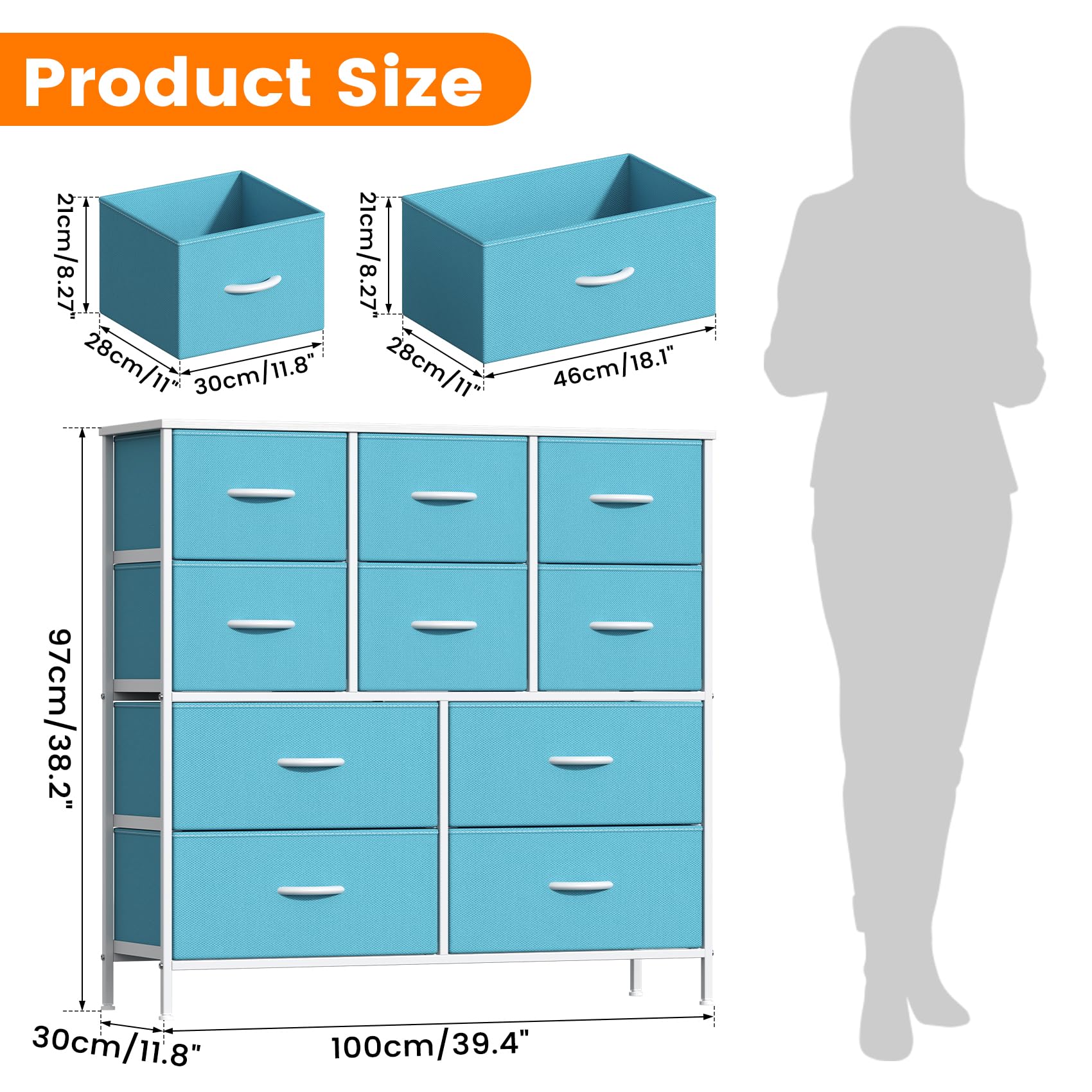 GoaHi Chest of Drawers, Large Dressers with Metal Frame and MDF Wooden Top Board, Adjustable Feet, Anti-Tip Safety