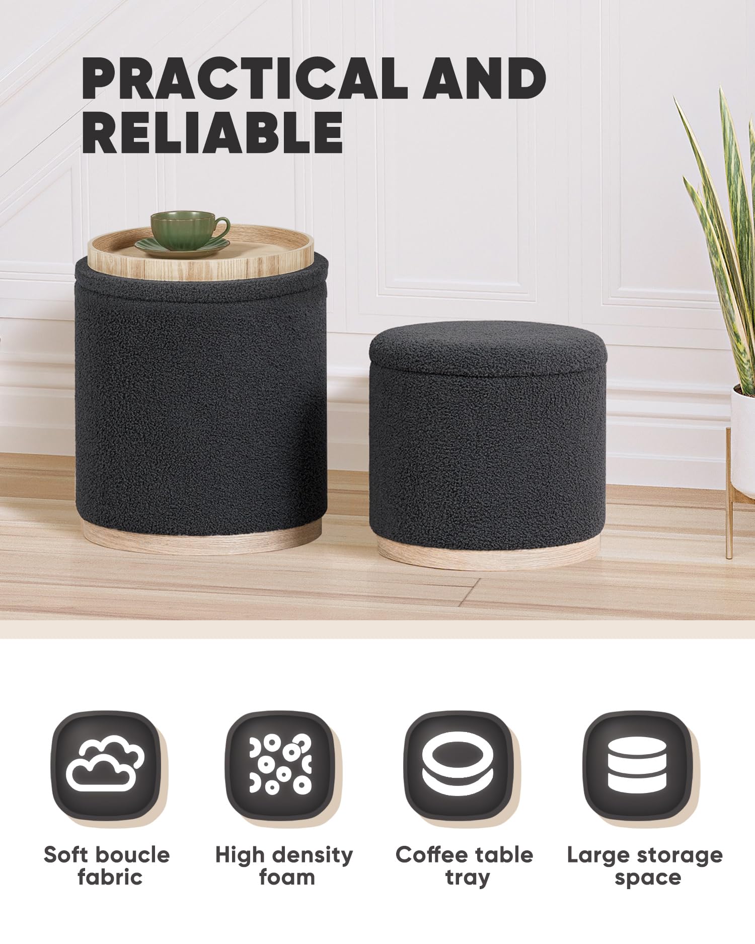 Bonlife Set of 2 Round Ottoman with Tray, Vanity Stool with Storage