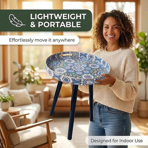 Simmer Stone Round Indoor Side Tables with Detachable Wooden 3 Legs, Versatile Tray Table, Perfect For Round Coffee Table Tea