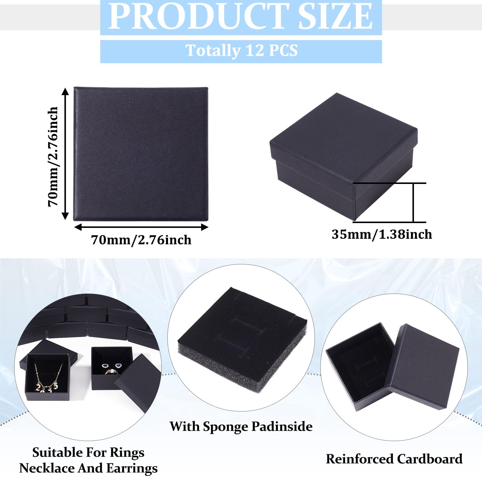 Craftdady 12pcs Black Gift Box Square Cardboard Box with Sponge Jewelry Storage Boxes for Rings Bangle Bracelet Earring Necklace Display