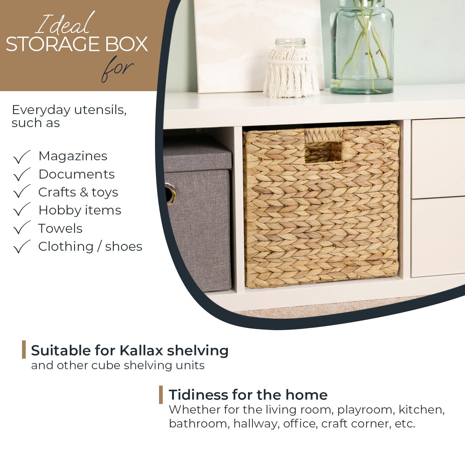 HMF Storage Basket Suitable for KALLAX Shelving Unit, Woven Water Hyacinth Basket with Handles | Set of 2 | 32 x 34,5 x 32 cm | Nature