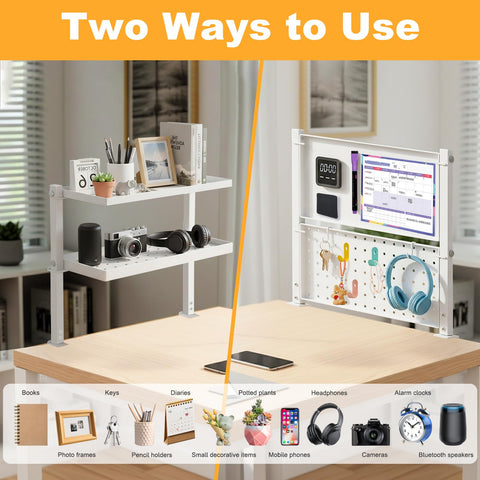 Cyiecw Clamp On Desk Shelf 2-Tier, 34cm Desktop Bookshelf with Pegboard, 270° Rotating Desk Storage Organizer for Home, Office, or Dorm, White
