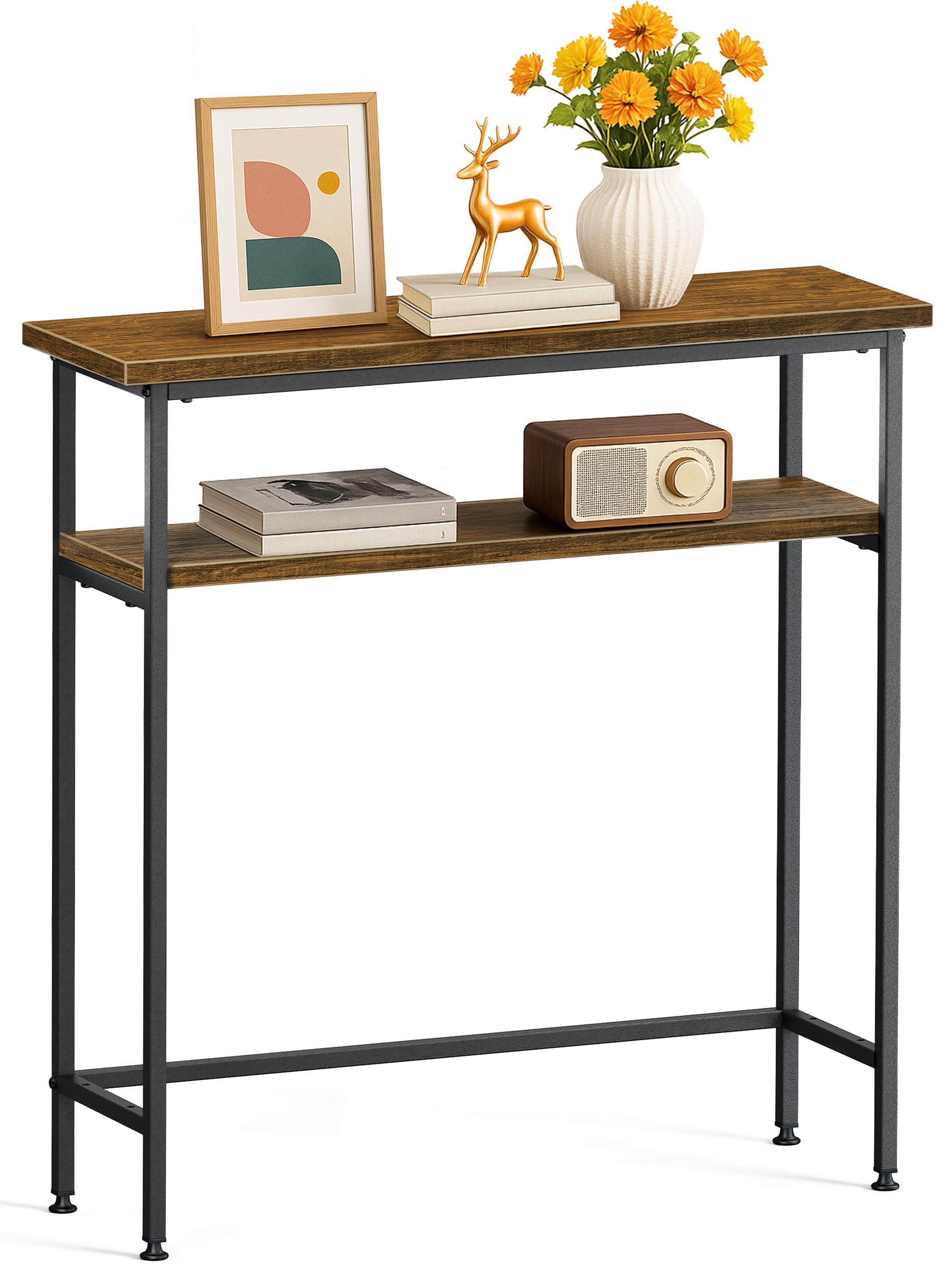 VOUNOT® Narrow Console Table, 2- Tier Slim Metal Frame Entryway Table, Small Sofa Side Table with Storage Shelf for Hallway, Living Room or Bedroom