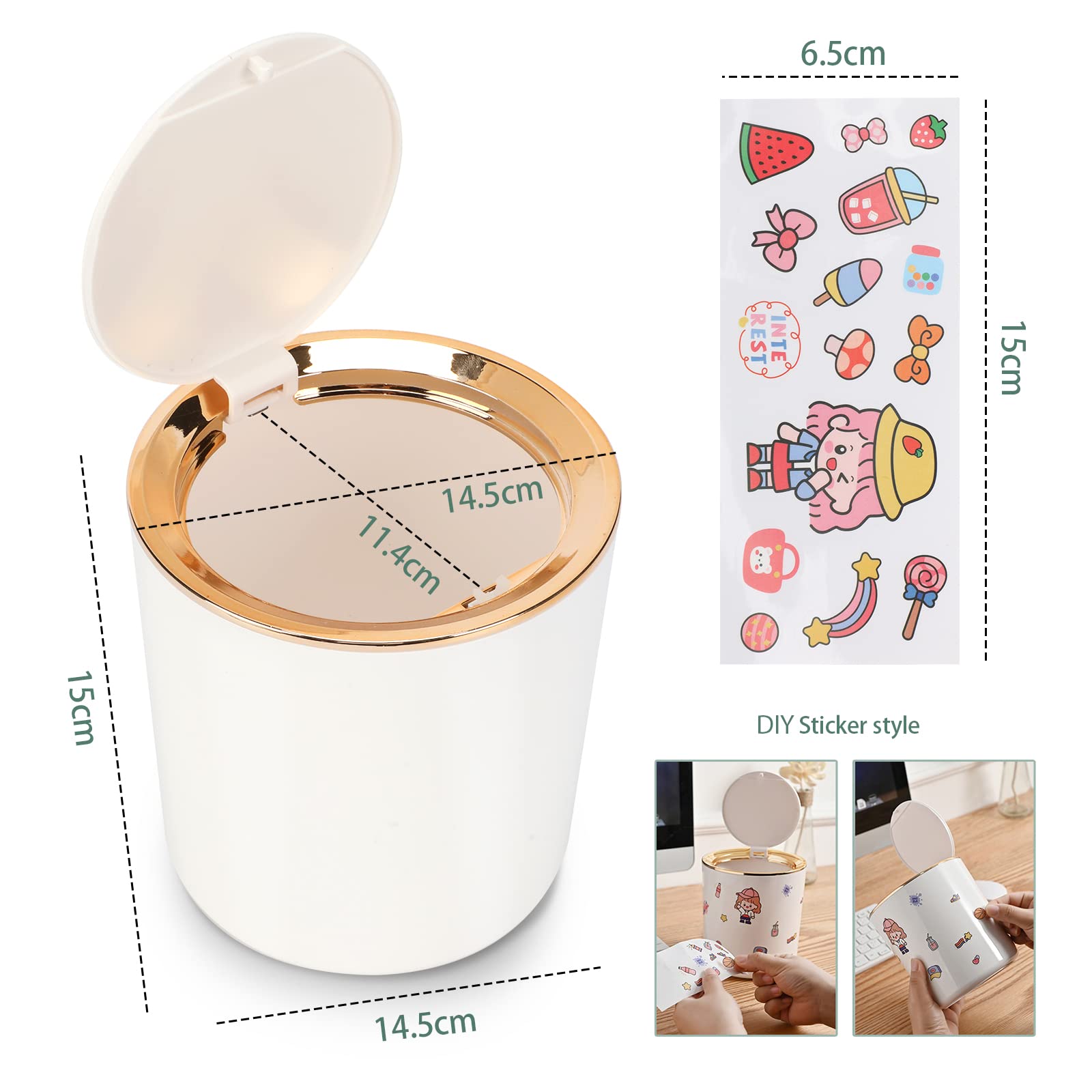 Desk Bin with Lid, Mini Table Trash Can,15 * 14.5cm Portable Small Dustbin for Bathroom Living Room Kitchen Car Dressing Table (White)