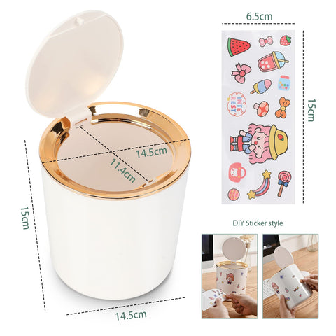 Desk Bin with Lid, Mini Table Trash Can,15 * 14.5cm Portable Small Dustbin for Bathroom Living Room Kitchen Car Dressing Table (White)