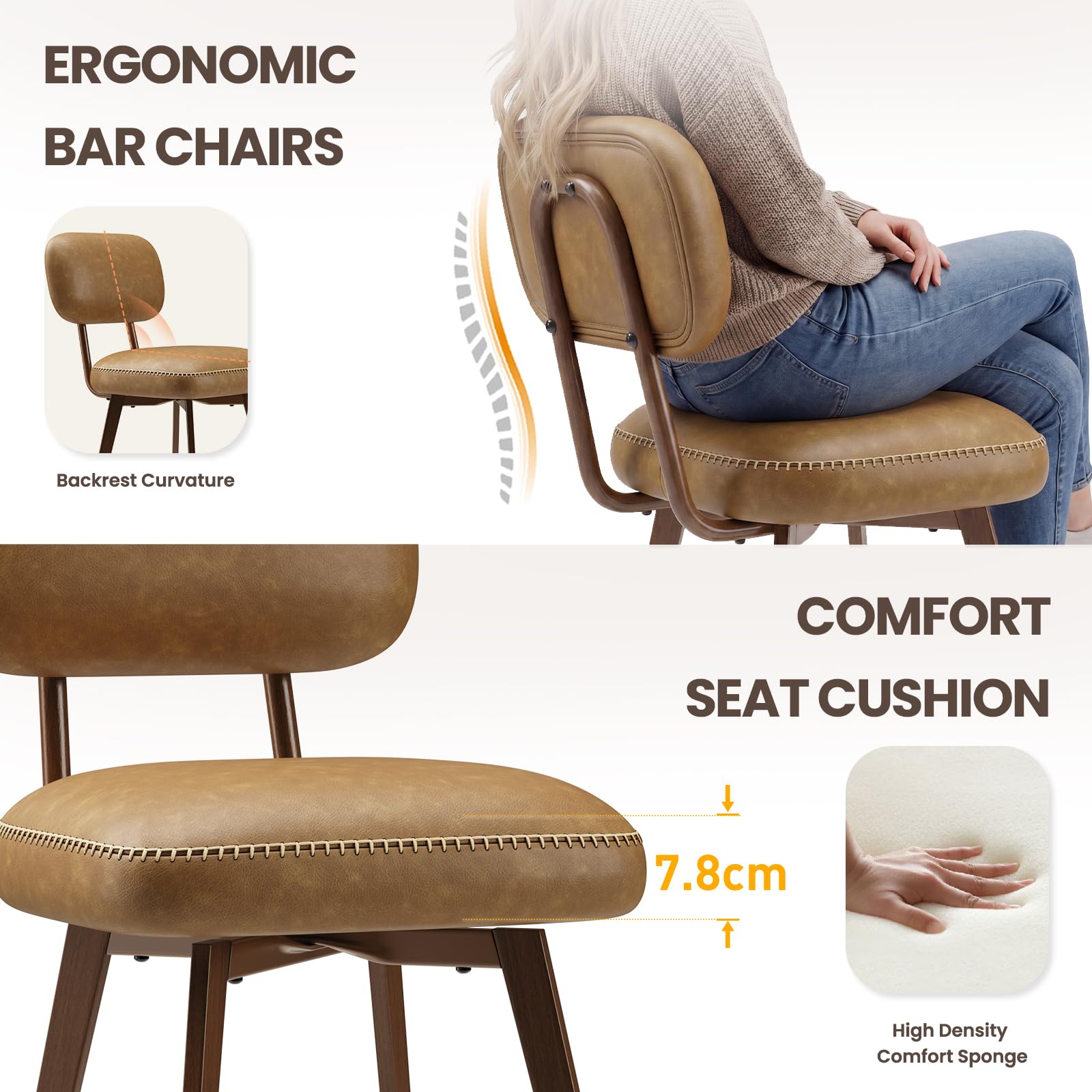 MALOL PU Leather Breakfast Bar Stools Set of 4, Swivel Kitchen Bar Chairs with Backrest and Metal Legs