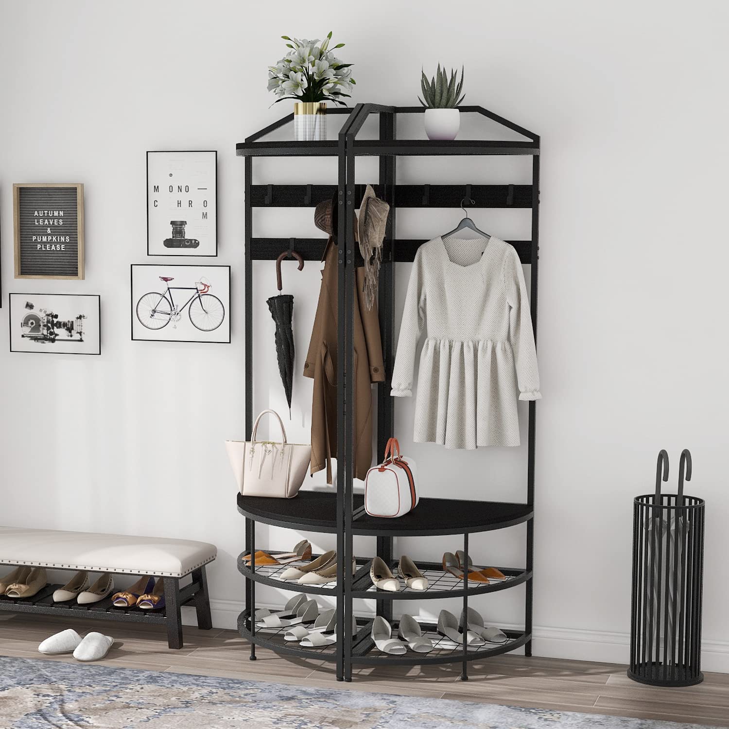 VEDECASA Coat Rack Stand with Shoe Storage Bench Free Standing Corner Hall Tree 4-Tier Corner Clothes Rack with 10 Metal Movable Hooks and Wooden