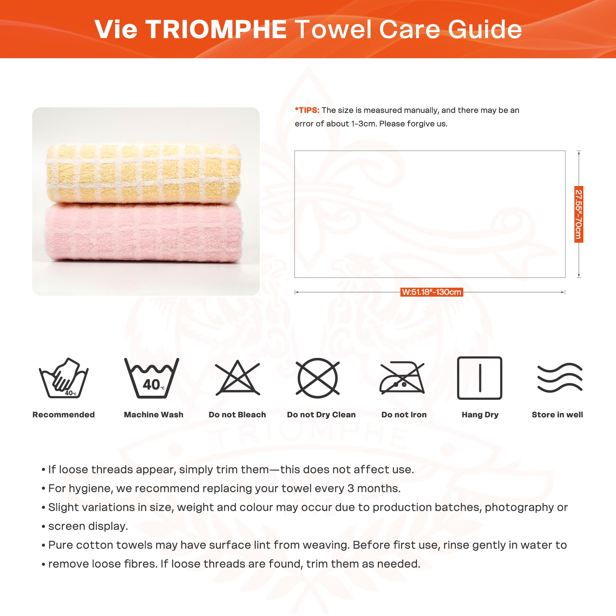 Vie TRIOMPHE 2-Pack Embroidered Checkered Bath Towels 70x130cm, Zero-Twist Long-Staple Cotton, Pink plus Yellow Jacquard Grid Pattern