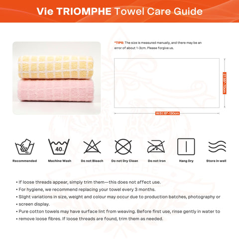 Vie TRIOMPHE 2-Pack Embroidered Checkered Bath Towels 70x130cm, Zero-Twist Long-Staple Cotton, Pink plus Yellow Jacquard Grid Pattern