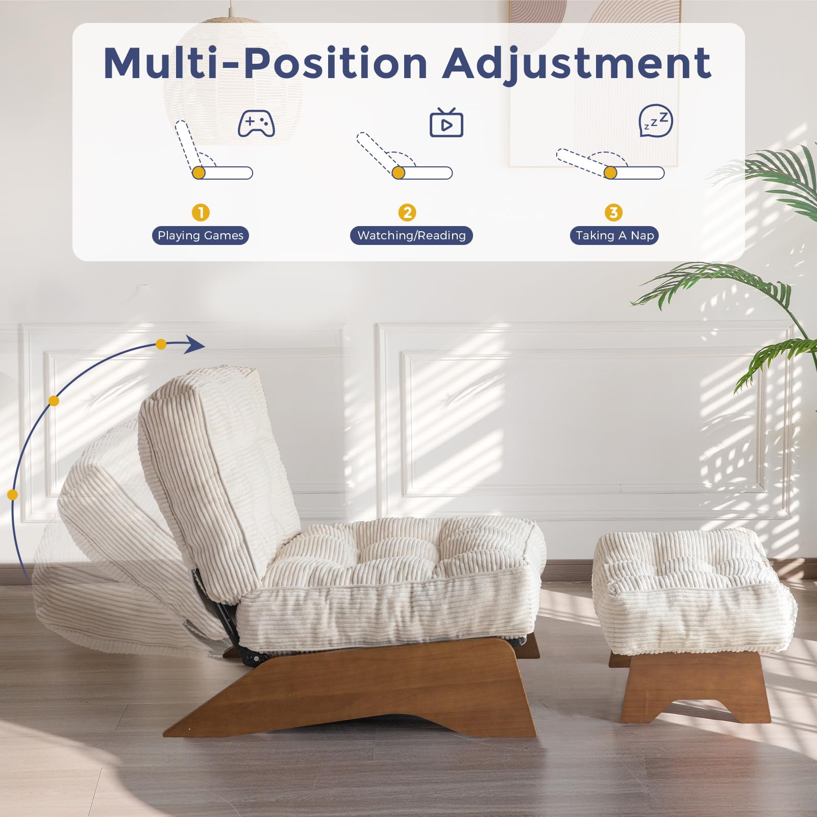 MAXYOYO Corduroy Folding Accent Chair with Footrest, Modern Upholstered Lounge Chair with Adjustable Backrest