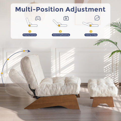 MAXYOYO Corduroy Folding Accent Chair with Footrest, Modern Upholstered Lounge Chair with Adjustable Backrest
