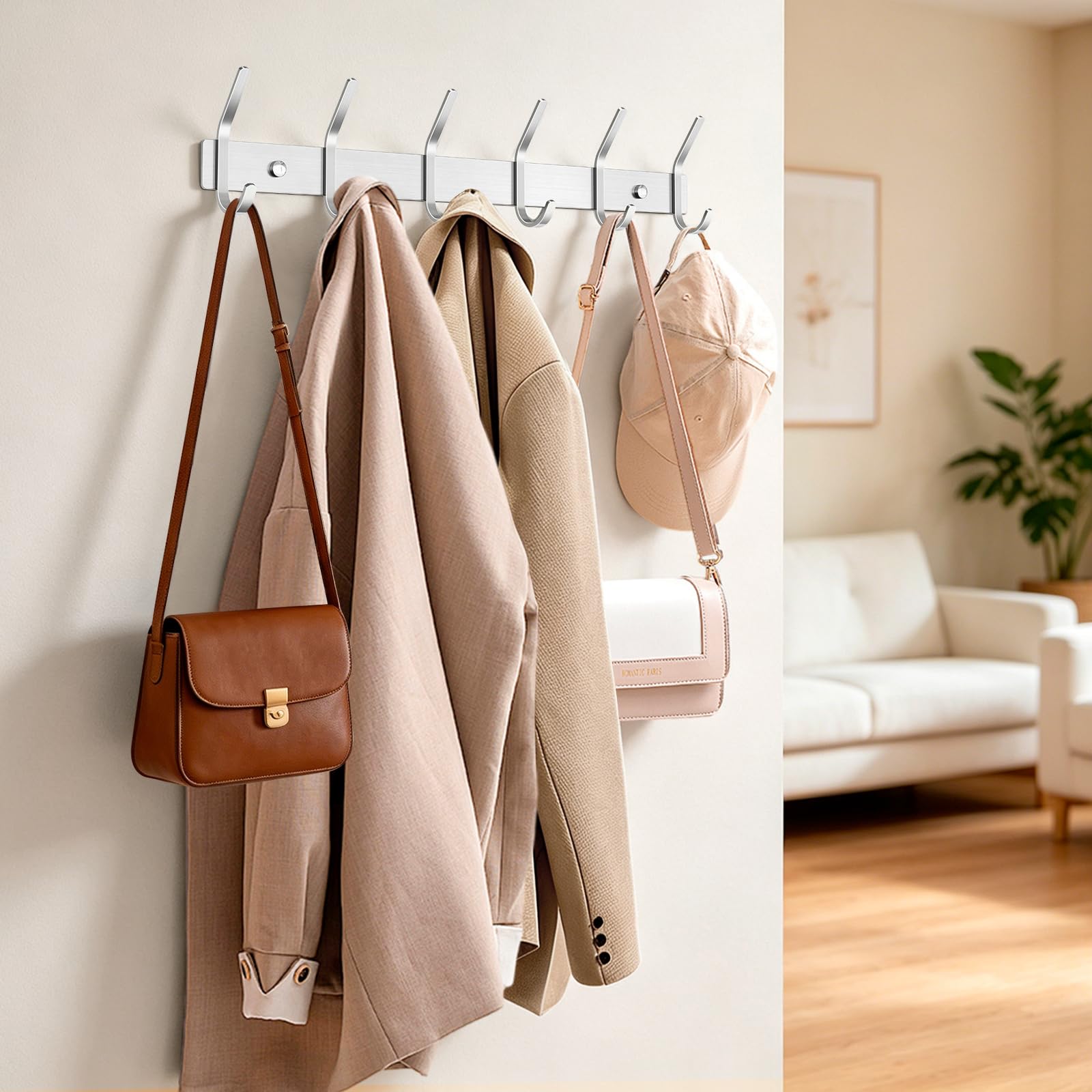 TINIFO Coat Hooks Wall Mounted - Stainless Steel Coat Rack 6 Hook for Hallway, Door (2 Pack), Silver