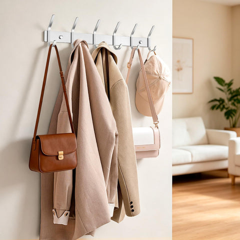TINIFO Coat Hooks Wall Mounted - Stainless Steel Coat Rack 6 Hook for Hallway, Door (2 Pack), Silver