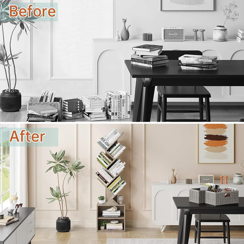 Vagusicc 6 Tier Tree Bookshelf, Modern Floor Standing Bookcase with Storage Drawer, Space Saving Storage Organizer Book Shelves for Books