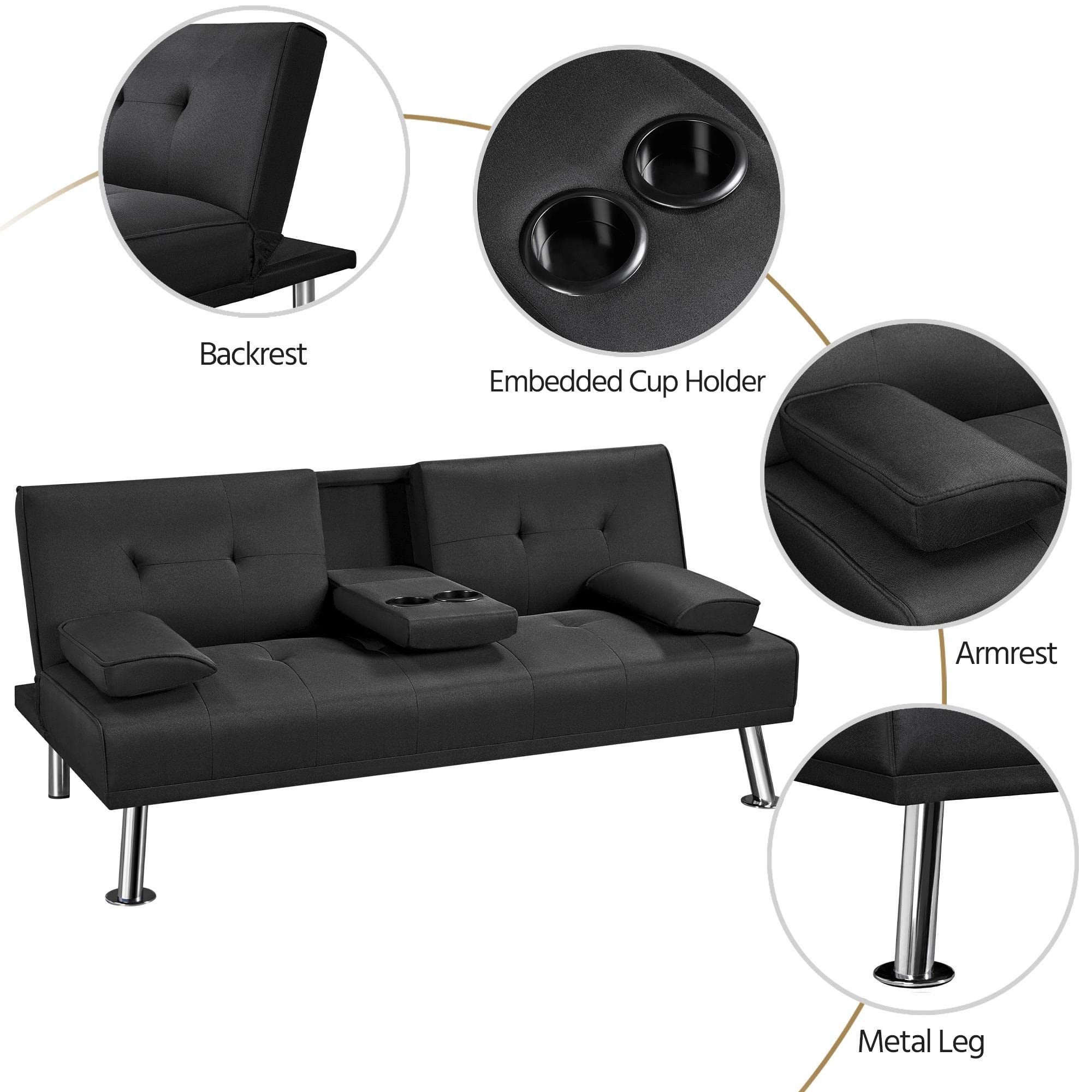 Yaheetech Black 3-in-1 Convertible Sofa Bed with Cup Holder Adjustable Back