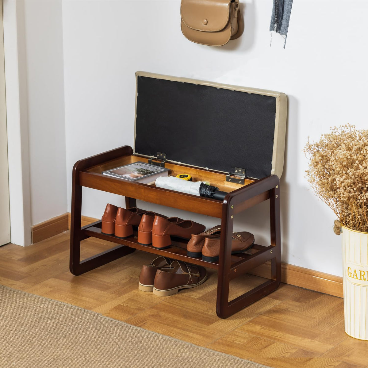 SOBIBO Solid Wood Shoe Bench, 2-Tier Entryway Bench with Cushion and Flip-Open Storage Box, Mid-Century Modern Shoe Bench Rack for Hallway