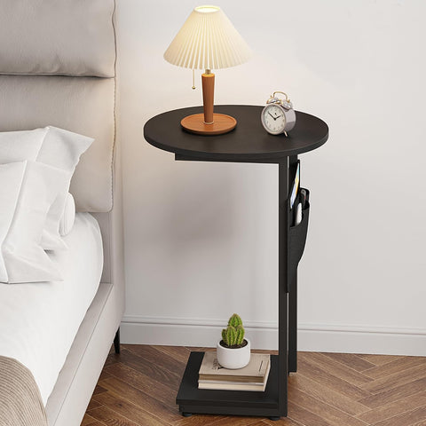 Vagusicc C Shaped End Table, Small Couch Side Tables with Metal Frame that Slide Under Sofa Table TV Tray for Living Room, Bedroom, Black