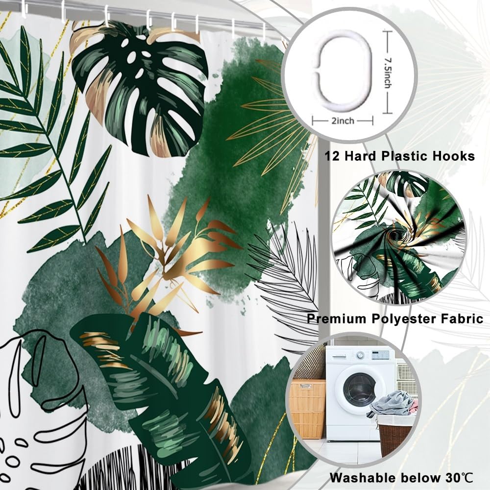 Uiiooazy Green Gold Shower Curtain, Abstract Palm Leaves Boho Monstera Tropical Plante Bath Curtain Anti Mildew Waterproof Polyester Fabric Opaque