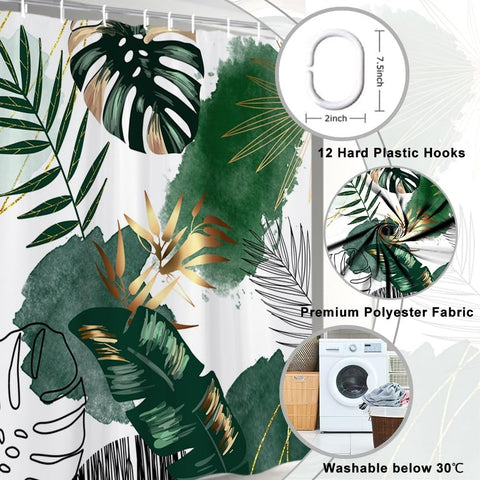 Uiiooazy Green Gold Shower Curtain, Abstract Palm Leaves Boho Monstera Tropical Plante Bath Curtain Anti Mildew Waterproof Polyester Fabric Opaque