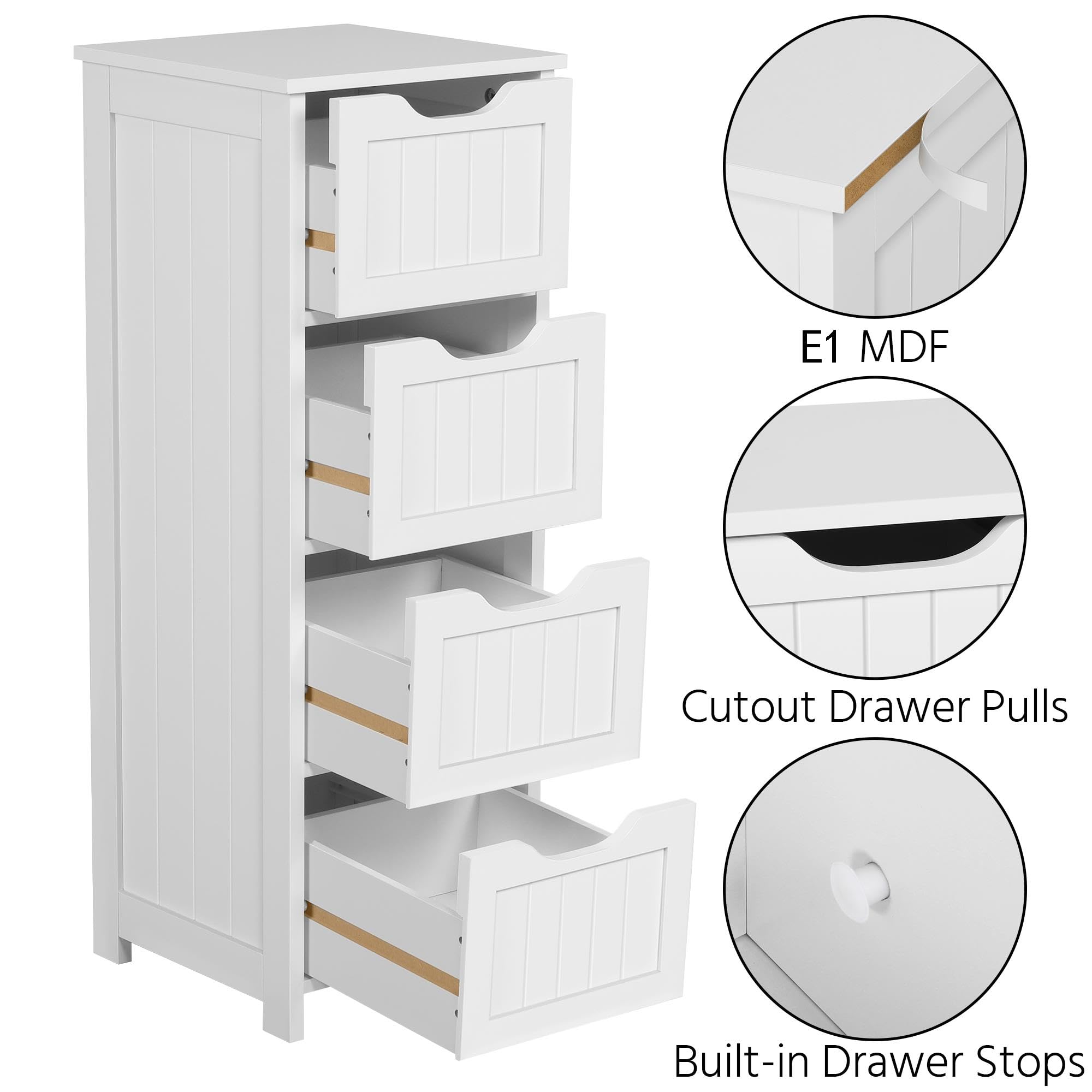 Yaheetech Slim Bathroom Floor Cabinet Freestanding with 4 Drawers, White